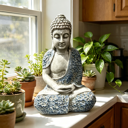 16'' Weatherproof Resin Buddha Garden Statue, Blue Floral Accent Meditating Buddha Figurine, Outdoor Zen Decor for Patio, Yard, Lawn & Landscape image 4