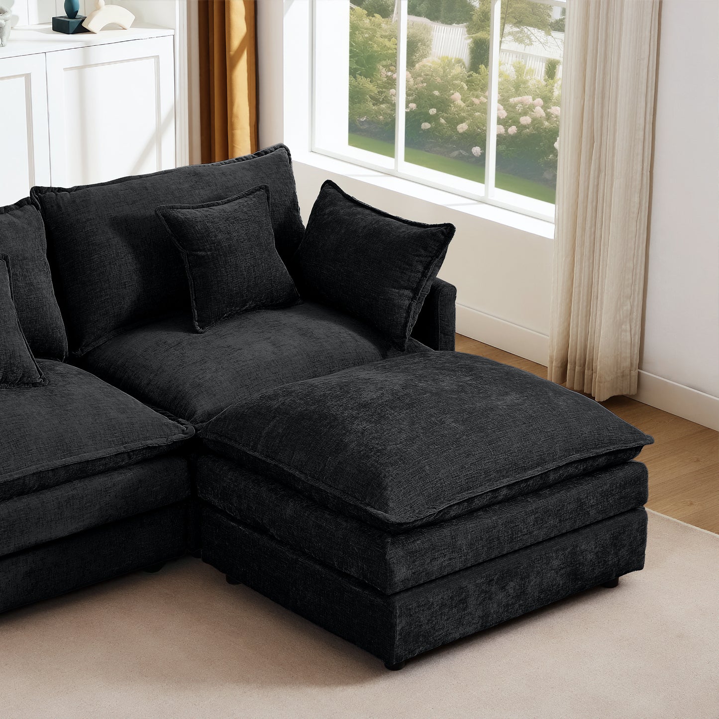Modular Sectional Sofa, 102 Inch L Shaped Couch Set for Living Room, 3-Seater Comfy Cloud Couches with Movable Ottoman, DIY Combination, Chenille, Black image 5