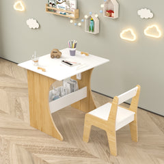 Kids Table Set with One Chair, Multifunctional Wooden Children Study Table-Convertible Tabletop for Study, Drawing & Play, Natural