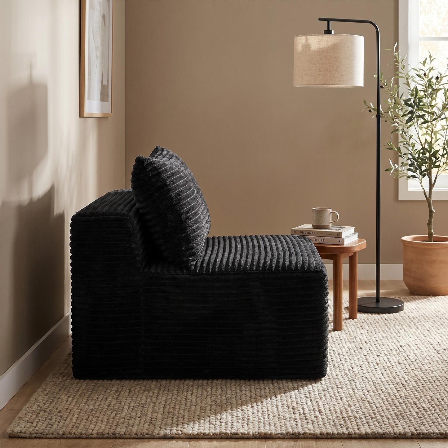 Black Corduroy Modular Compression Sofa, Legless Floor-Hugging Armless Accent Chair for Living Room Bedroom image 4