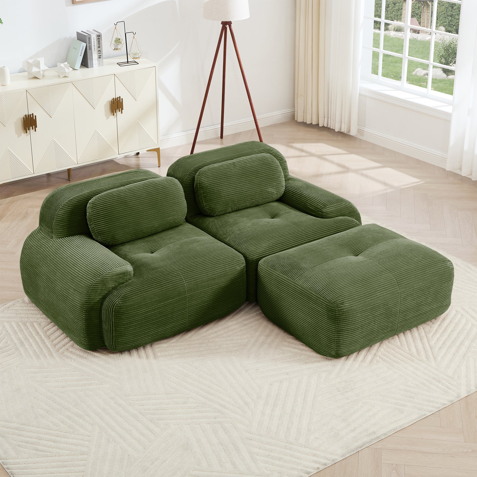 82'' L-shaped sofa in softCorduroy Fabric fabric modular design multiple combinations curved armrests assembly required high-resilience sponge suitable for living rooms rest areas bedroom,Olive green image 1
