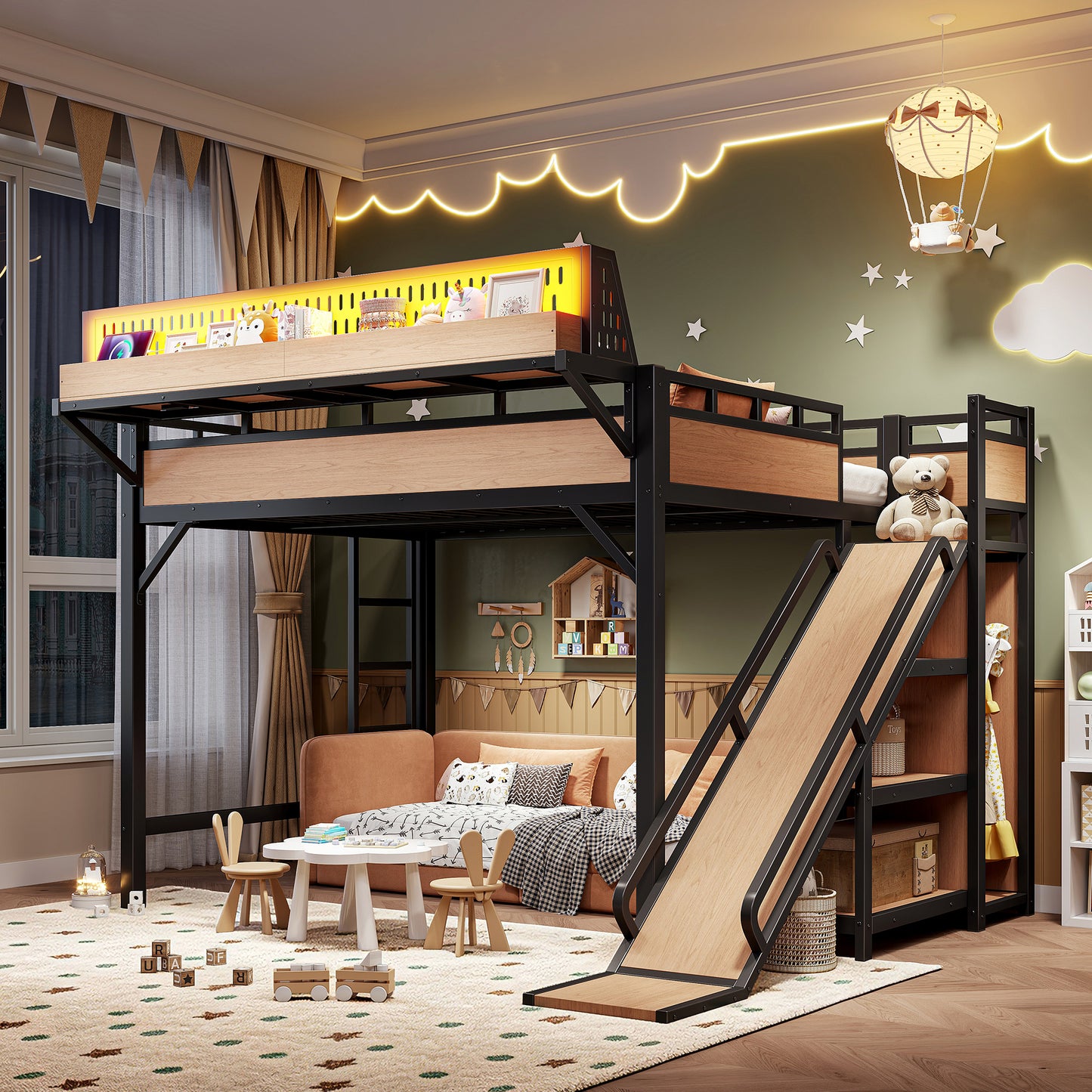 Queen Size Loft Bed with Slide, Storage Shelves and Built-in Wardrobe, Metal Loft Bed Frame with USB Ports and LED Lights, with Pegboard, Safety and Solid, Natural image 5