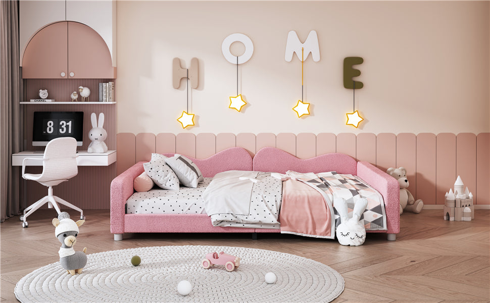 Full size Upholstered Daybed, Sherpa Fabric Sofabed with Cloud-Shaped Backrest, No Box-spring Needed, Pink(Old SKU: WF532069AAH) image 10