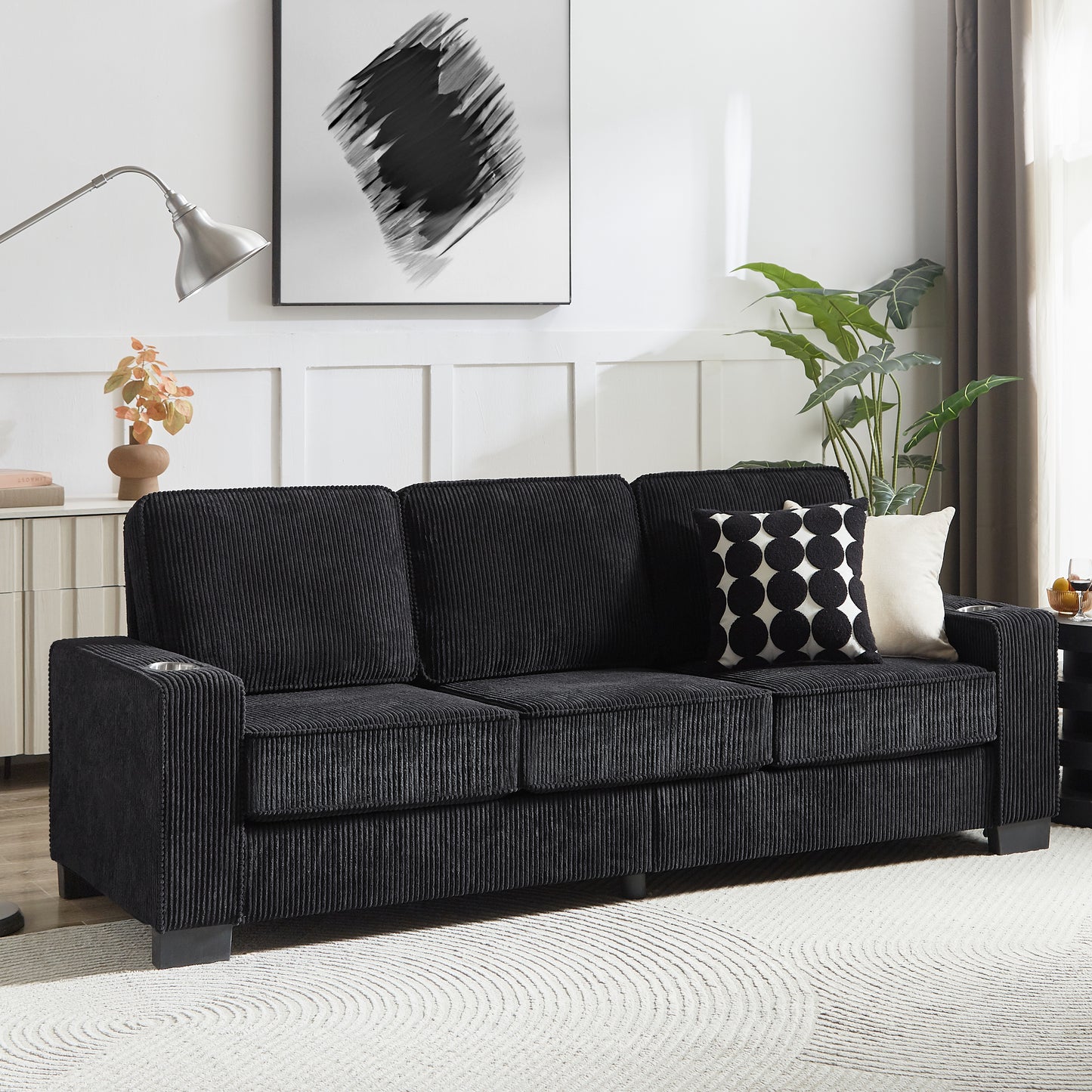 83.86"Corduroy Fabric sofa,Modern Compressed Couch,3-Seater Sofa, Furniture for Living Room,Bedroom,office,Black image 1