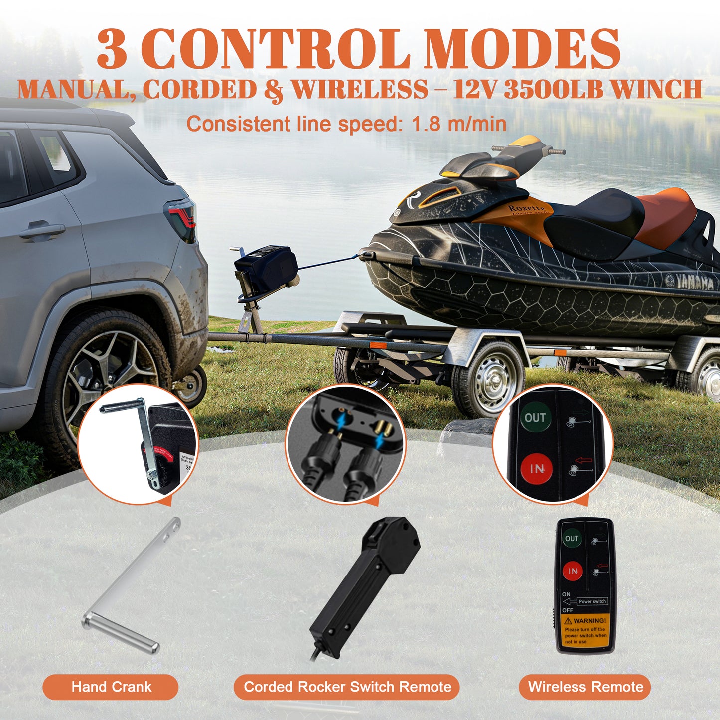 3500 lbs Electric Winch, 12V DC Portable Trailer & Boat Winch with Wireless Remote & Manual Crank, Waterproof Reversible In/Out Power Recovery Kit for Cars, Trucks, Marine - Black image 4