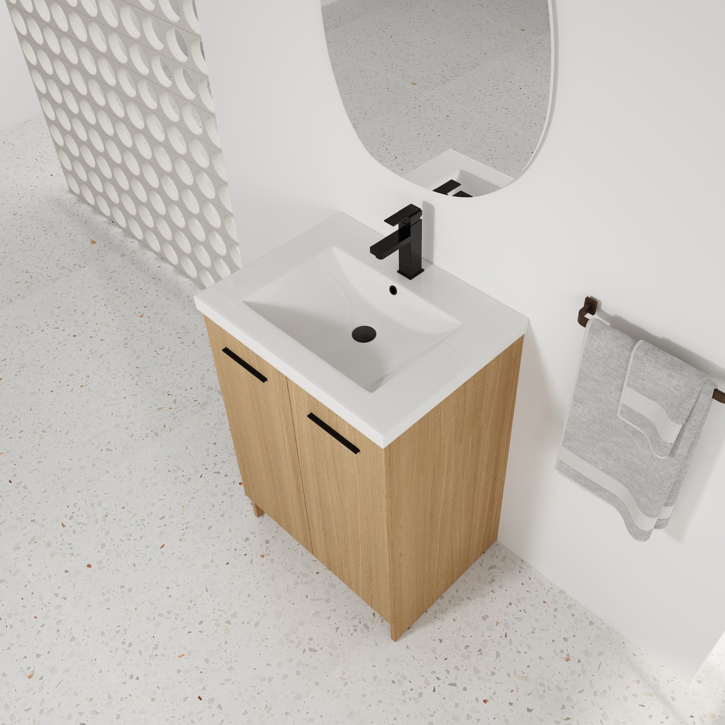24" Freestanding Bathroom Vanity with Resin Sink, Light Oak, Double Door Storage, KD (Ready-to-Assemble), Includes Black & Brushed Aluminum Handles image 5