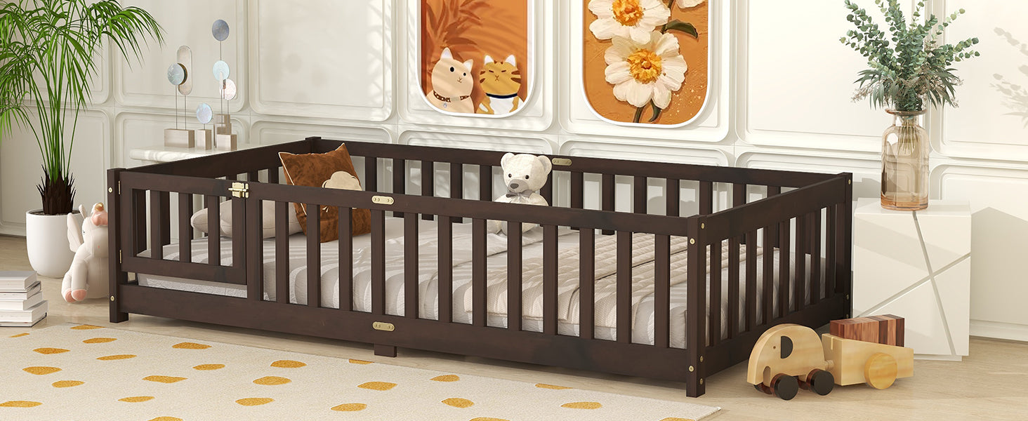 Twin Size Floor Bed with Fence and Door,Rubber Wood Floor Bed with Safety Guardrails,Espresso (Old Sku W504P286375) image 12