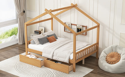 Full Size House Platform Bed with Two Drawers,Headboard and Footboard,Roof Design,Natural image 4