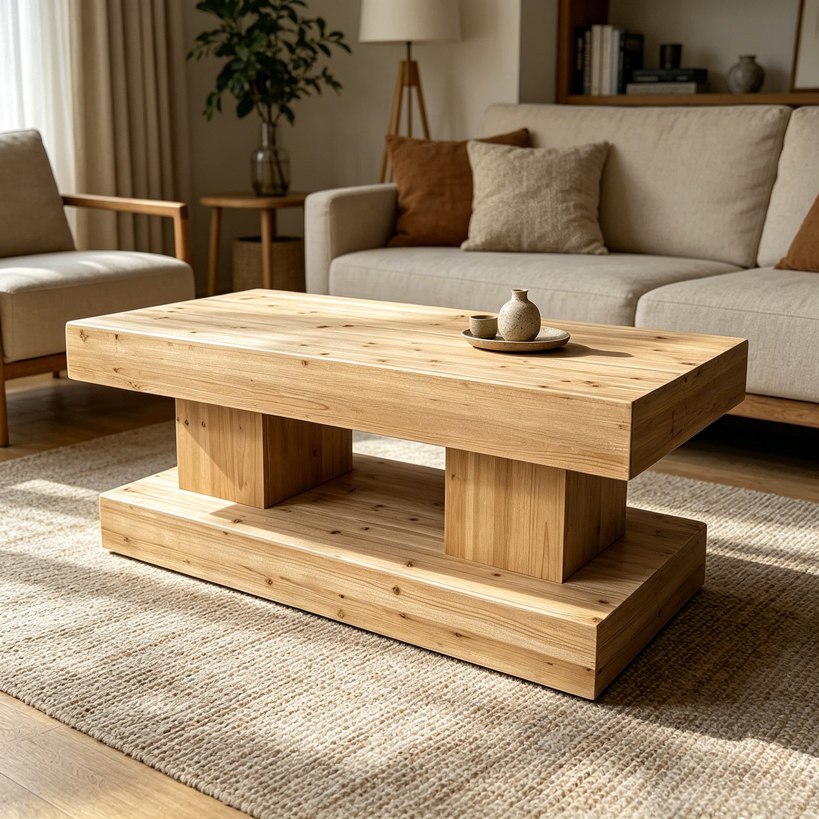 47.24"Natural Solid Wood Coffee Table elevate your living room with crafted from premium natural wood with visible grain and knots for a warm, organic feel. image 2