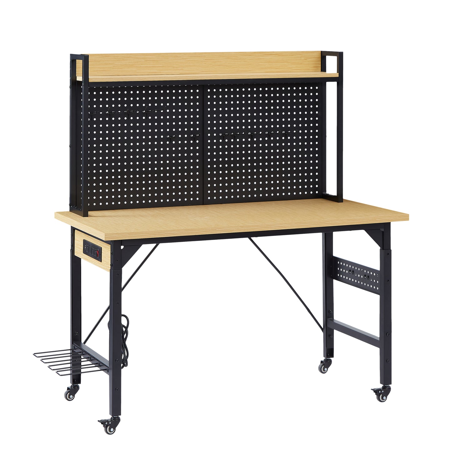 48''Adjustable Workbench with pegboard, Heavy Duty Wooden Desktop Workbench with Wheels, 1600 lb. Load Capacity, Rolling Workbench with AC/USB Outlet, Hooks, Shelf, for Garage, Workshop, Office, Home. image 12