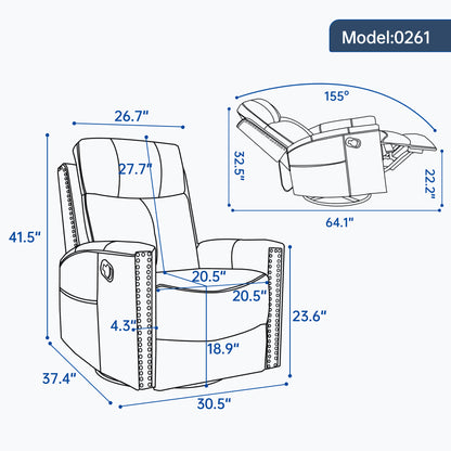 Wine Red Genuine Leather Heat Massage Manual Recliner Chair with Rocker and Swivel for Living Room image 3
