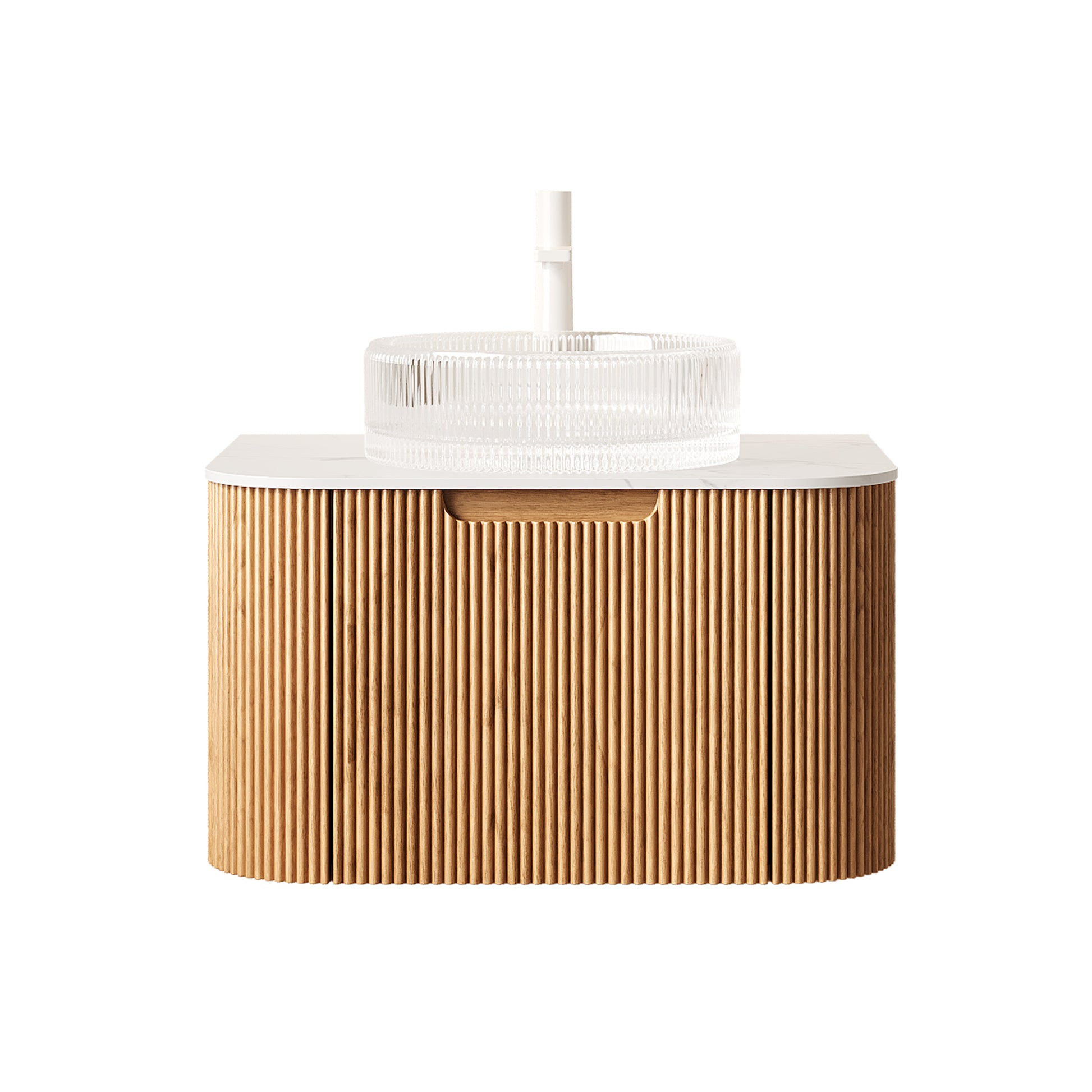 DINA 24" Bathroom Vanity with Sink, Wall-Mounted Floating Curved Edges Striped Storage Cabinet with Drawer, Transparent Round Glass Basin and Countertop, Pre-assembled, Natural Woodgrain Color image 3