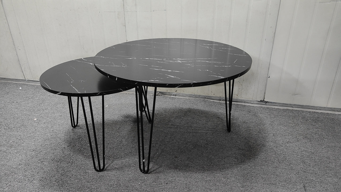 27.56'' Round Nesting Coffee Table Set of 2, Circular Nesting End Table Set, Round Marble Tabletop, and Sturdy Metal Base for Living Room, bedroom, Black image 5