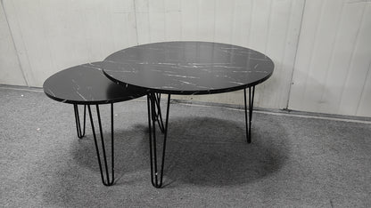 27.56'' Round Nesting Coffee Table Set of 2, Circular Nesting End Table Set, Round Marble Tabletop, and Sturdy Metal Base for Living Room, bedroom, Black image 5