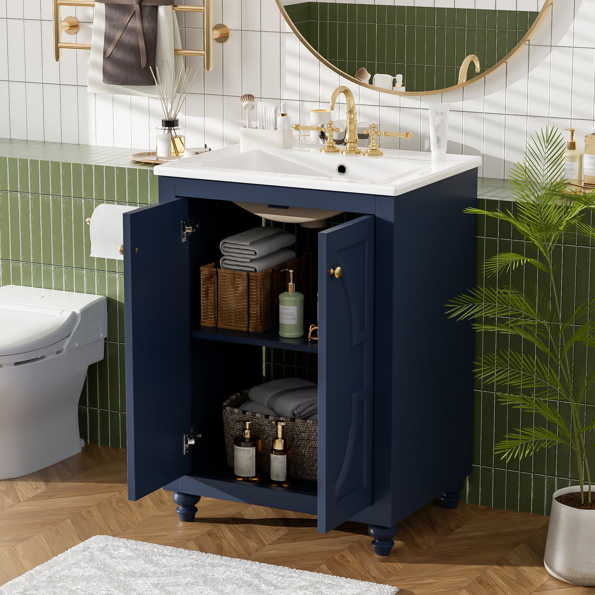 24" Modern Bathroom Vanity with Ornate Elliptical Motif Design & Soft-Close Hinges, Bathroom Cabinet with Back Open Structure, Ball-Turned Legs with French Elegance image 3