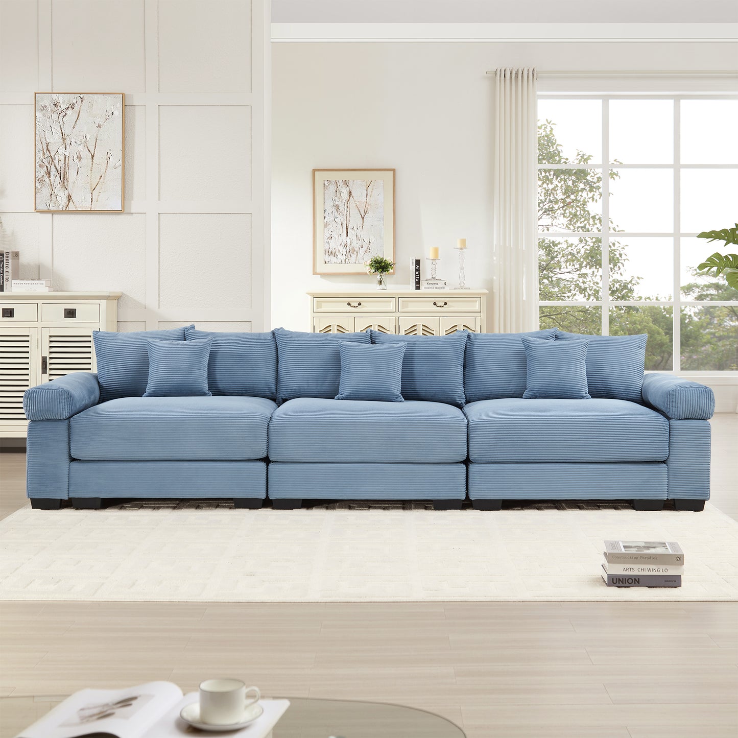 130" Oversized Cloud Modular Sectional Couch,Premium Corduroy 3-Seater Sofa Extra-Thick Armrests Good Resilience Cushion Ergonomic Design,Easy Assembly Suitable For Living Rooms Studies,Blue image 3