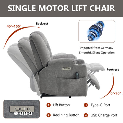 Power Lift Recliner Chair with Massage and Heat for Elderly, Overstuffed Wide Recliners, Heavy Duty Motion Mechanism with USB and Type C Ports, 2 Steel Cup Holders, Light Grey image 4