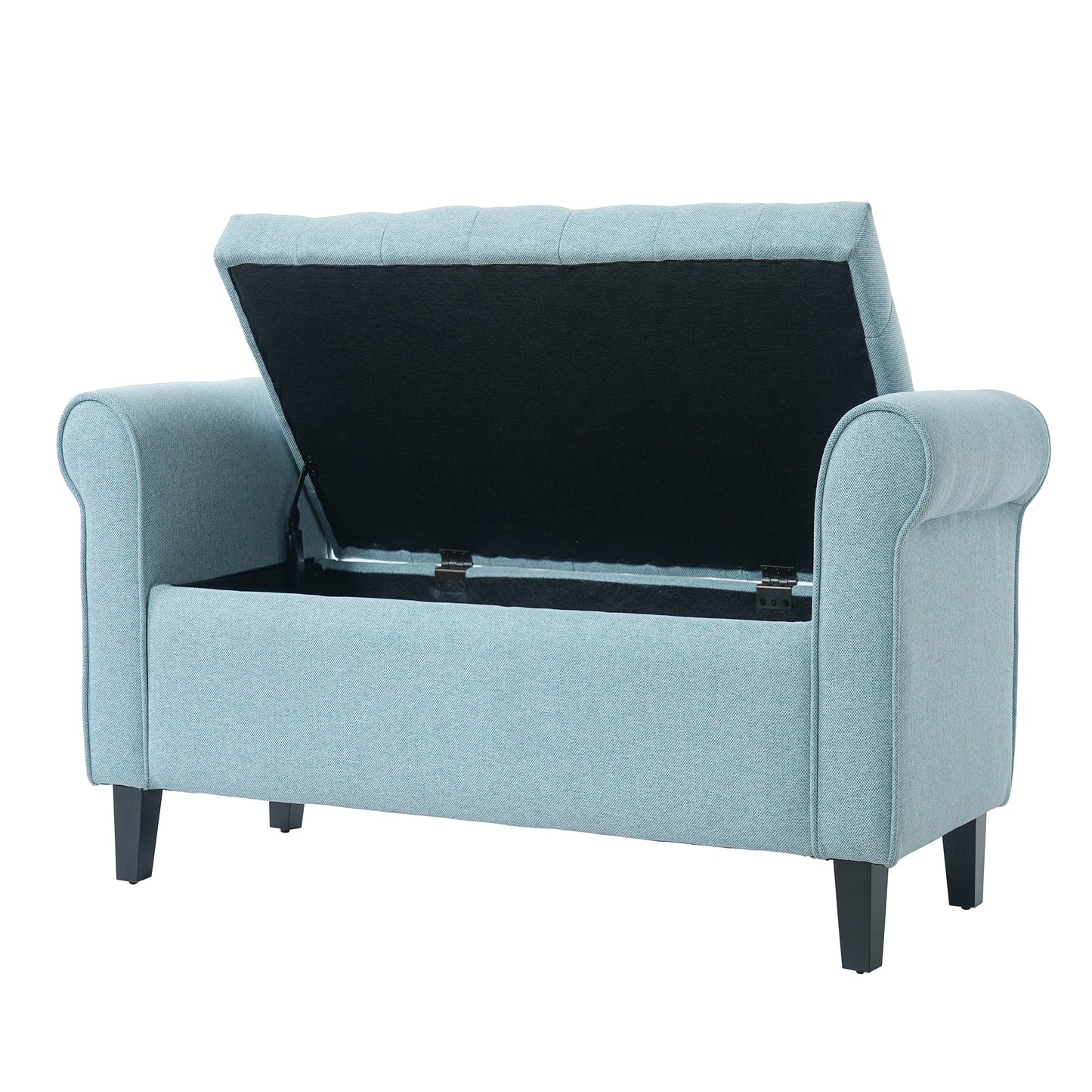 Light Blue Fabric Storage Bench with Rolled Arms, 38" Seat Width, Black Legs, Button Fabric Design, Living Room Bedroom Entryway Furniture image 4