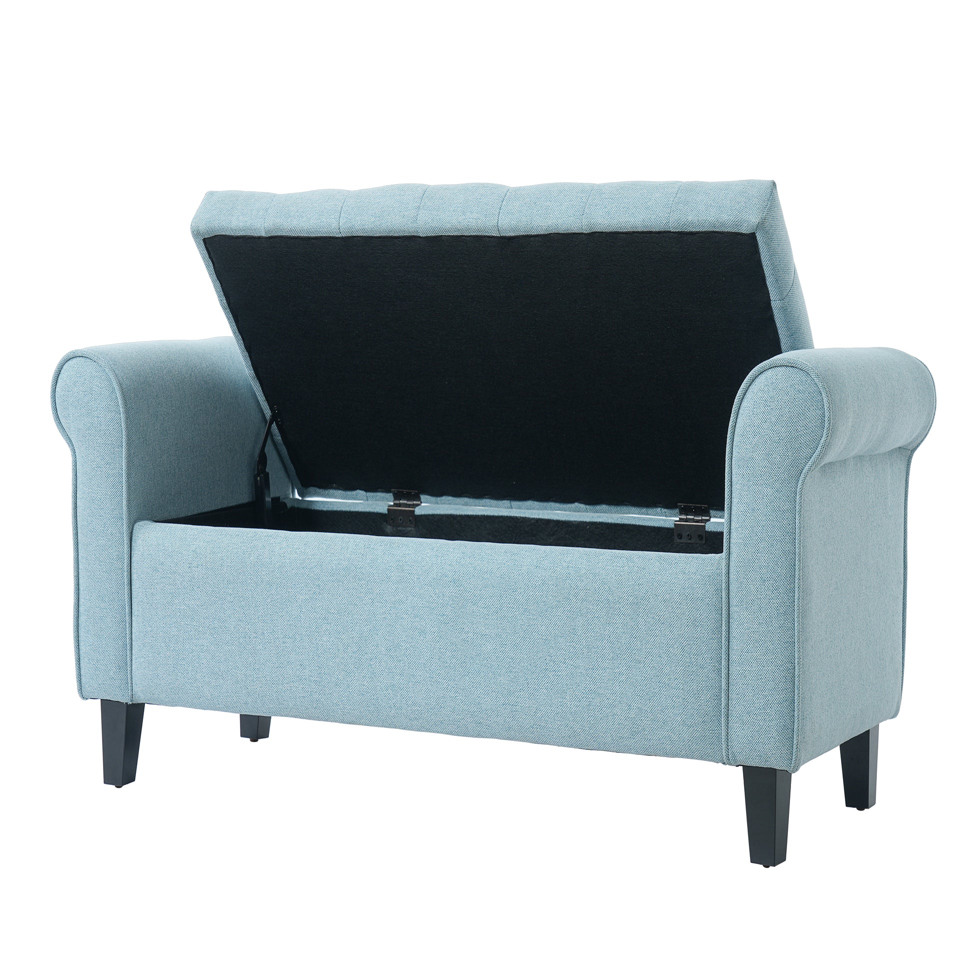 Light Blue Fabric Storage Bench with Rolled Arms, 38" Seat Width, Black Legs, Button Fabric Design, Living Room Bedroom Entryway Furniture image 4