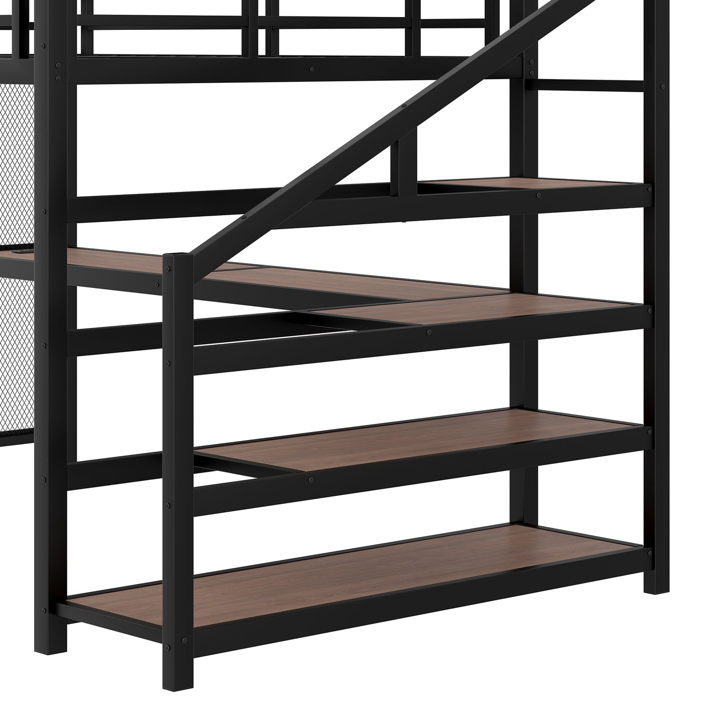 Queen Loft Bed with Desk and Storage Stairs, Metal Loft Beds with LED Lights, USB Ports, Multifunctional Iron Nets, No Spring Box Needed and Noise-free, Black image 10