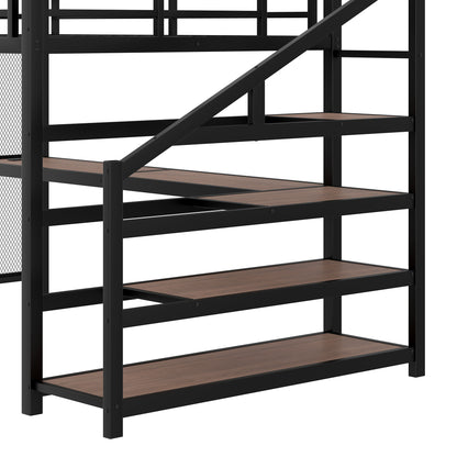 Queen Loft Bed with Desk and Storage Stairs, Metal Loft Beds with LED Lights, USB Ports, Multifunctional Iron Nets, No Spring Box Needed and Noise-free, Black image 10