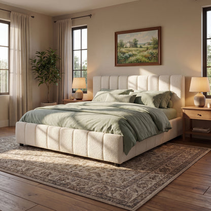 King Size Upholstered Bed Frame With Boucle Fabric And Thick Headboard, Off white image 1