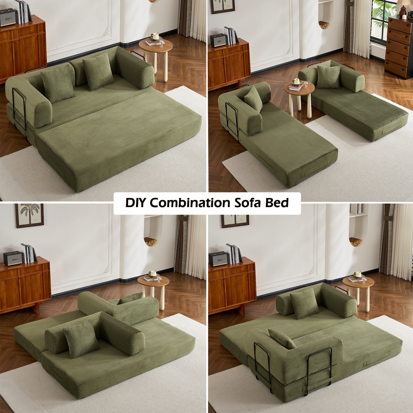 Convertible Sleeper Sofa Bed with Cylindrical Pillow, Corduroy Folding Mattress Couch with Fixed-Shape Frame, Floor Sofa Lounge Couch for Living Room Bedroom (Green) image 4