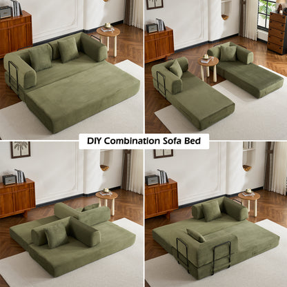 Convertible Sleeper Sofa Bed with Cylindrical Pillow, Corduroy Folding Mattress Couch with Fixed-Shape Frame, Floor Sofa Lounge Couch for Living Room Bedroom (Green) image 4