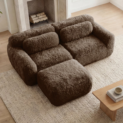 L-shaped Boneless Sofa,Soft Fluffy Plush Fabric,With Chaise 32D High Density Sponge,No Assembly Required,Ergonomic Design Bottom Anti-Slip Design,With Throw Pillows,Fits Bedrooms,Chocolate image 2