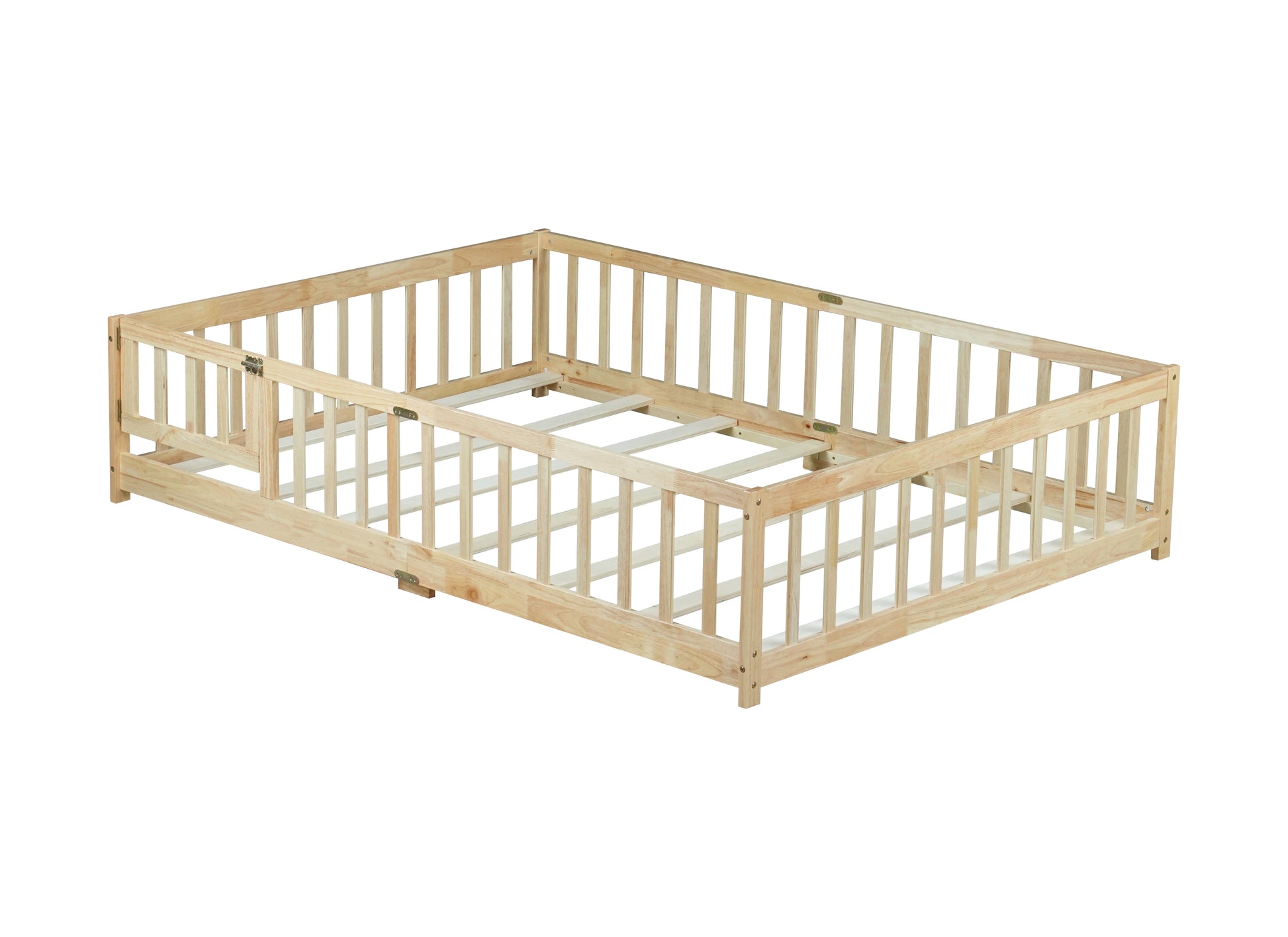 Full Size Floor Bed with Fence and Door,Rubber Wood Floor Bed with Safety Guardrails,Natural (Old Sku W504P286380) image 12