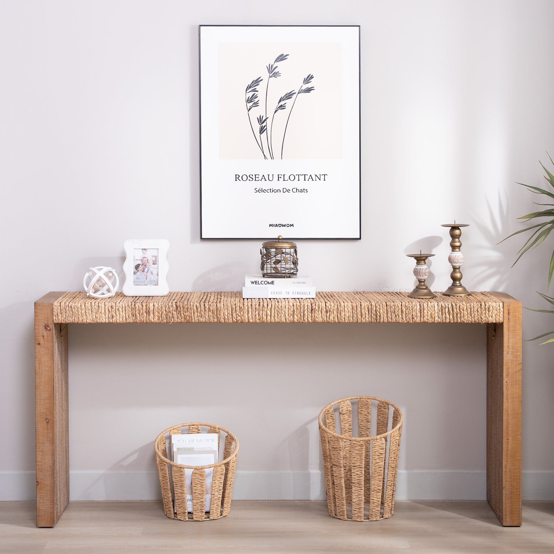 69" Natural Seagrass Console Table – Handwoven Top with Engineered Wood Frame image 1