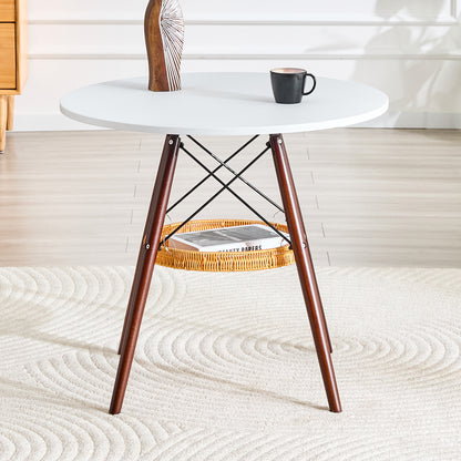 31.5-inch diameter circular dining table, white MDF vacuum formed tabletop, walnut solid wood legs, with suspended woven storage basket structure. A casual coffee table suitable for 2-4 people. image 2