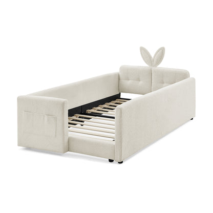 Twin Size Upholstered Platform Bed with Cute Rabbit Ear Shaped Headboard, with Safety Rail and Pocket, Boucle Fabric, Beige image 9