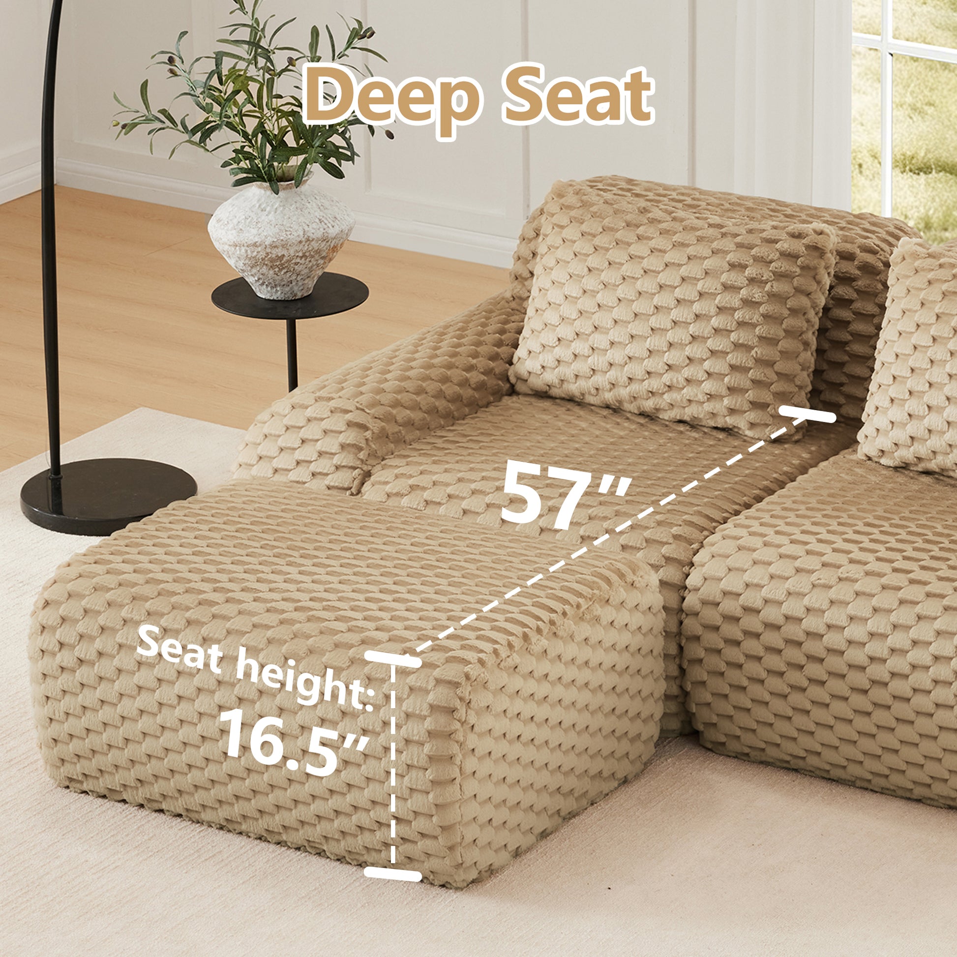 114" Modern L-Shaped Modular Sectional Sofa for Living Room,Flannelette Fabric,Oversized 3-Seater Couch,boneless sofa,Movable Ottoman,Buckle connection,Anti-slip Design,No Assembly,Light Camel image 4