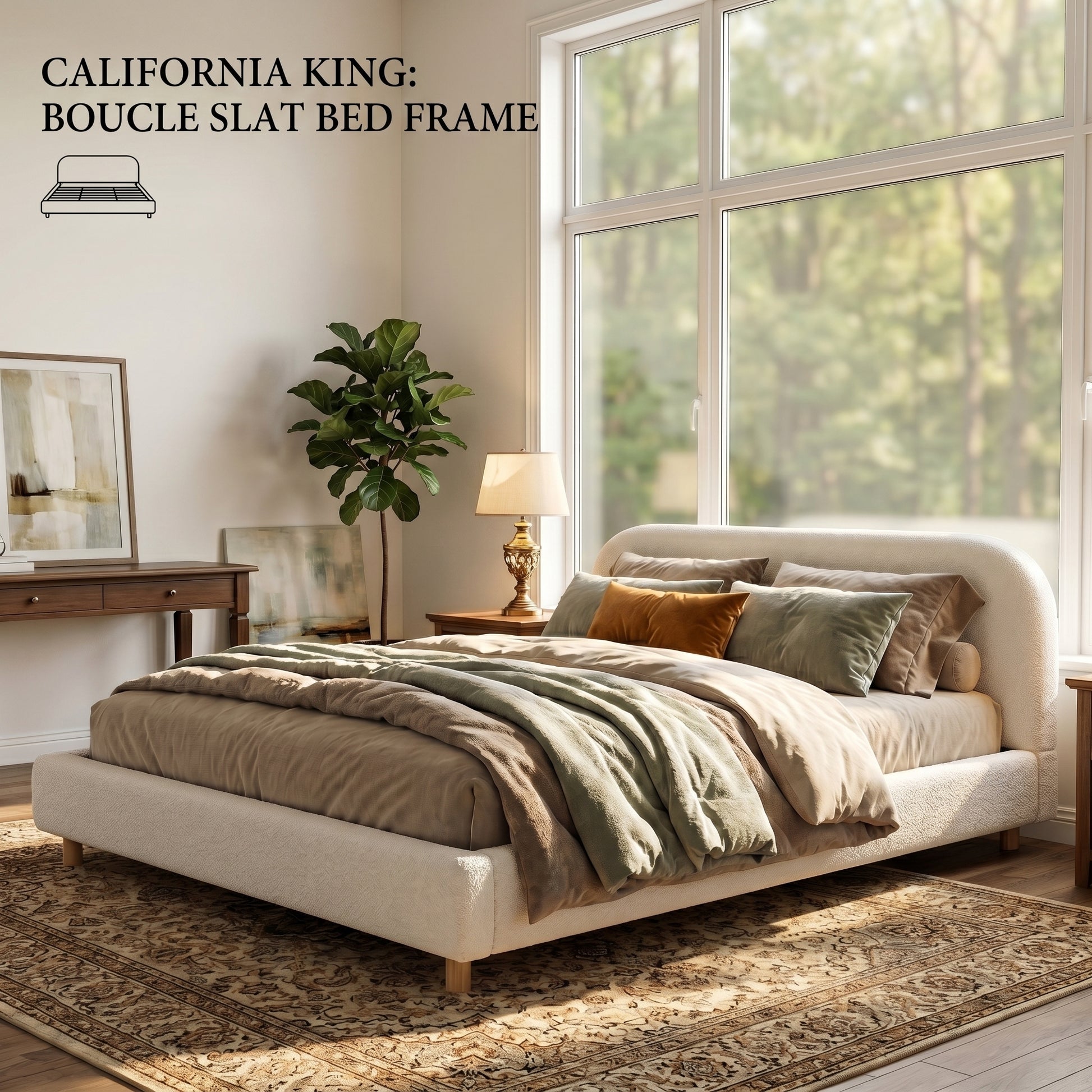 California King Size Upholstered Bed With Boucle Fabric,Curved-Shape Design Thick Headboard, Solid Wood Legs,White image 2