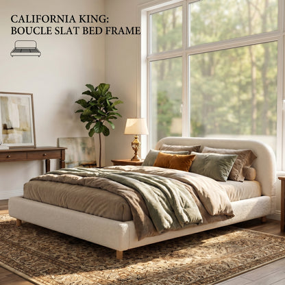California King Size Upholstered Bed With Boucle Fabric,Curved-Shape Design Thick Headboard, Solid Wood Legs,White image 2