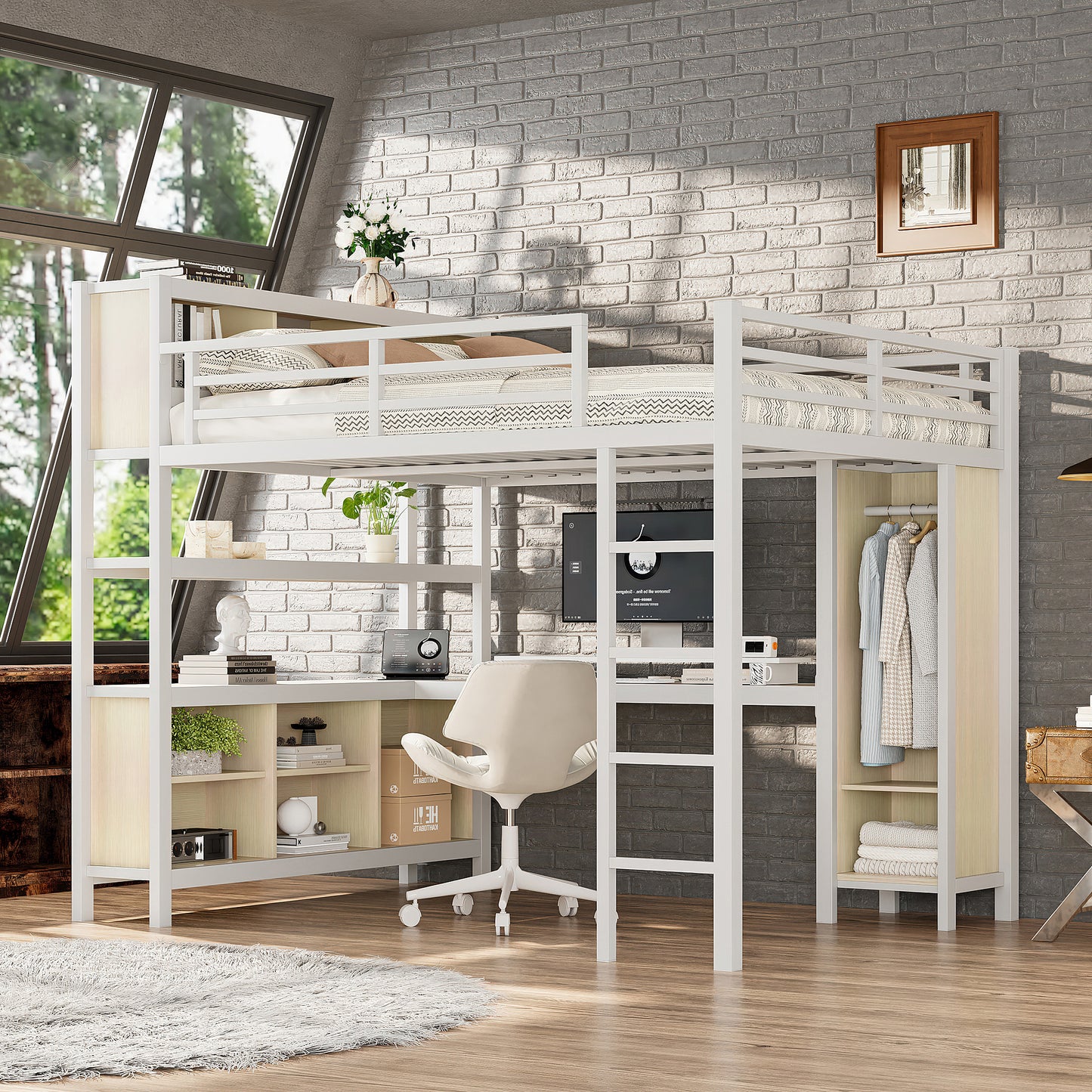 Metal Loft Bed with Wardrobe And L-shaped Desk, Queen Size Loft Bed with Storage Cubes and Shelves, Heavy Duty Loft Bed for Kids Teens Adults, White Wood-grain image 1