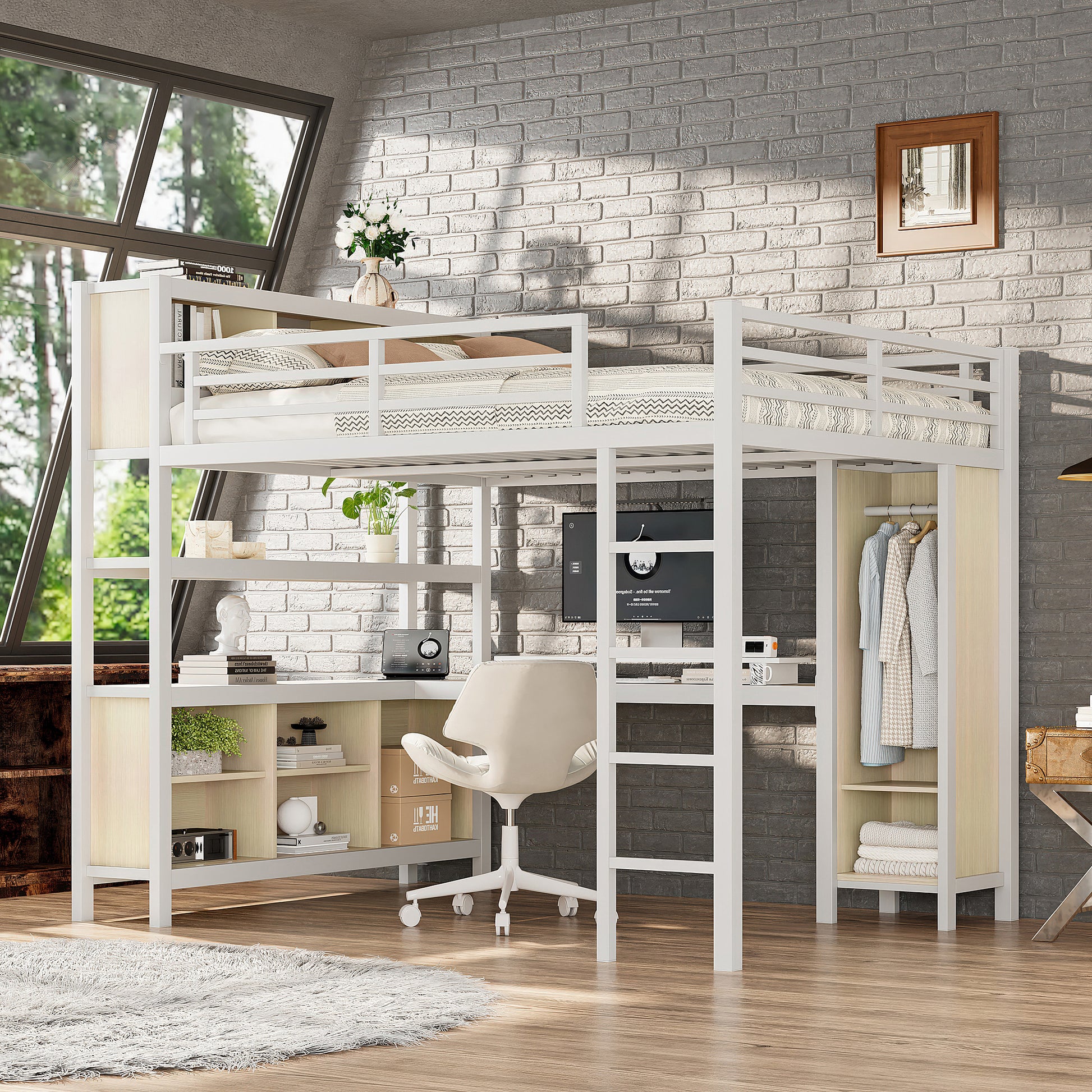 Metal Loft Bed with Wardrobe And L-shaped Desk, Queen Size Loft Bed with Storage Cubes and Shelves, Heavy Duty Loft Bed for Kids Teens Adults, White Wood-grain image 1