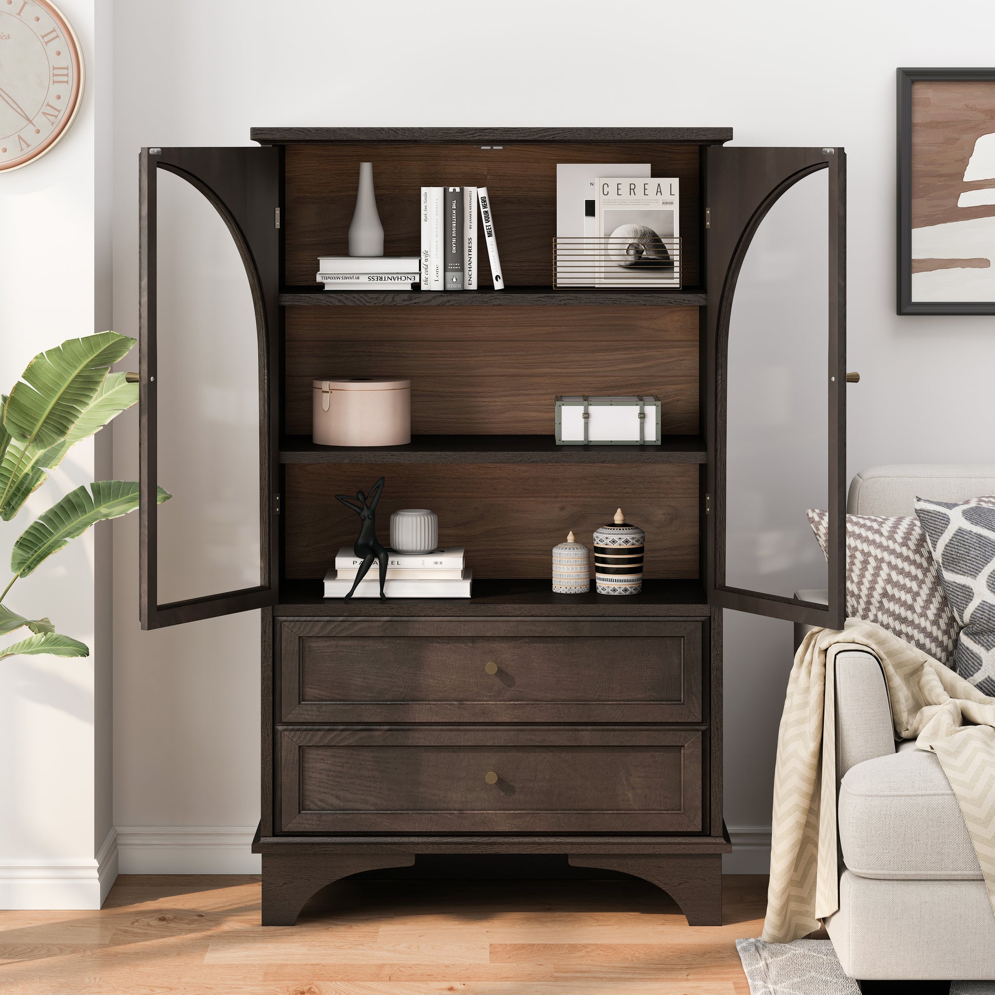 52.17"H Glass Door Display Case Storage Cabinet with 2 Drawers and Adjustable Shelf, Spacious Storage Solutions, Curio Cabinet for Living Room, Bedroom, Kitchen and Office, Brown image 3