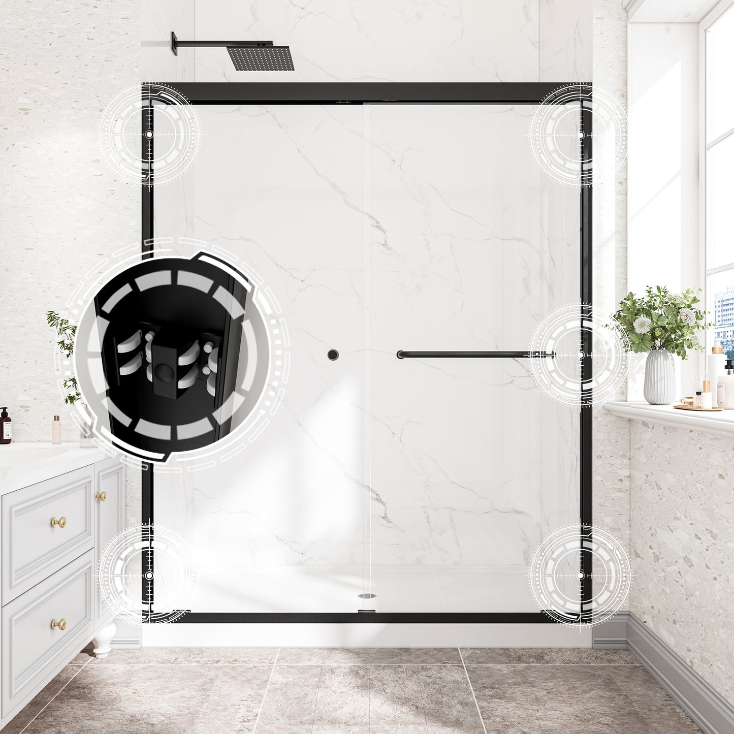 55"-60" W x 72" H Matte Black Reversible Installation Double Bypass Sliding Shower Door,Aluminium Alloy Frame,1/4"(6MM) Tempered Glass With Nano Explosion-proof Membrance,Easy Installation image 5
