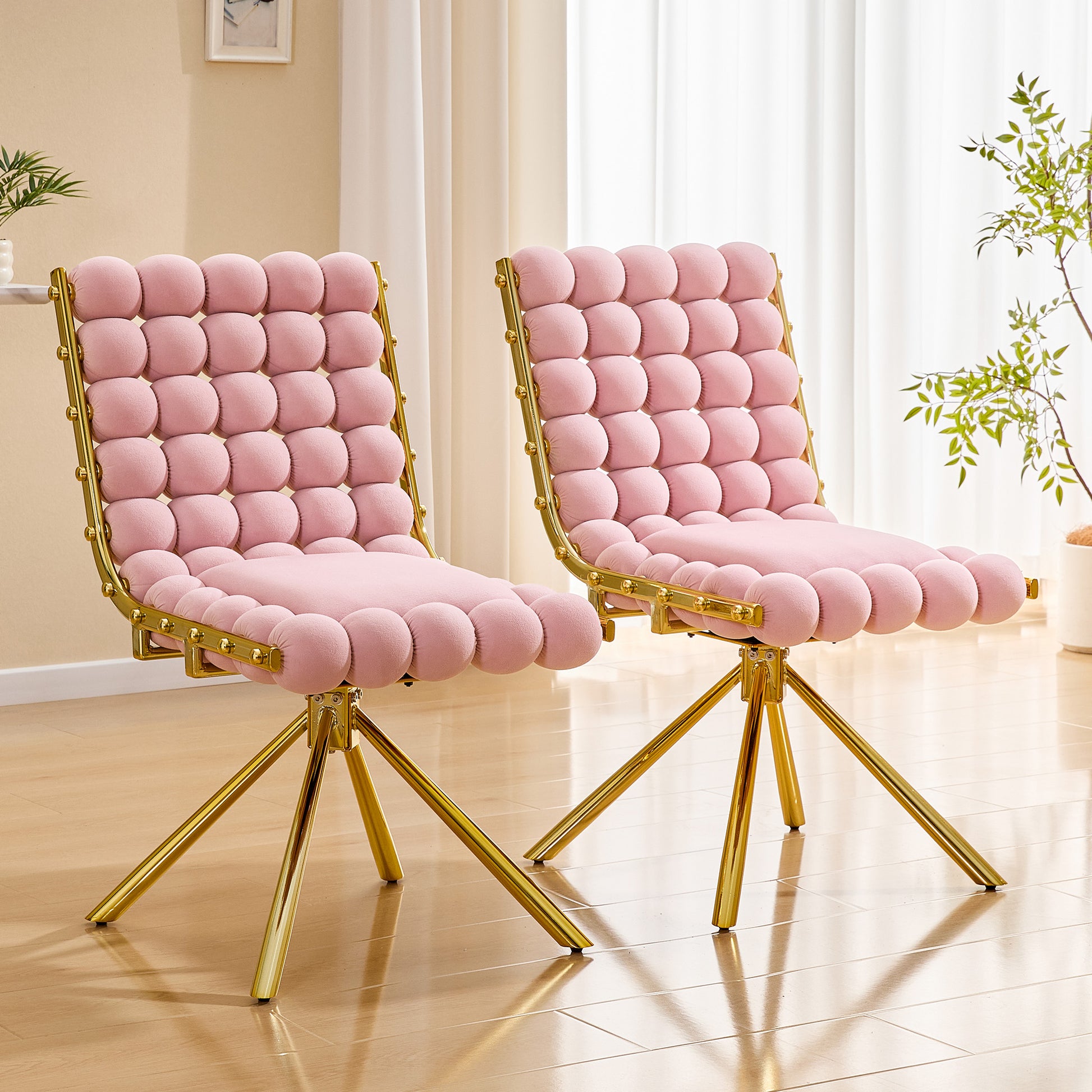 Set of 2 Modern Pink Bubble Tufted Accent Chair, Plush Velvet Swivel Chair with Gold Metal Legs, Ergonomic Armless Chair for Living Room, Bedroom & Dining Area image 1