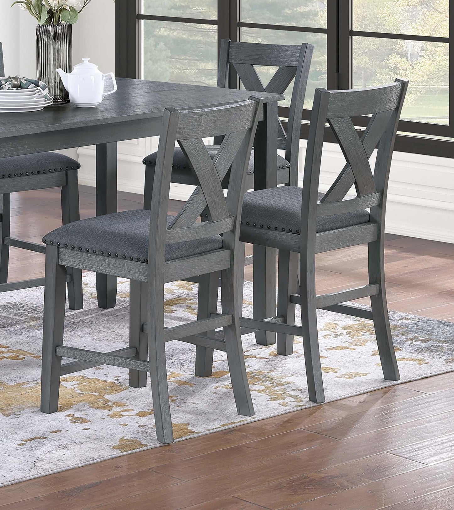Modern Style Gray Dining Table 6x Chairs 7pcs Counter Height Set Cushion Seat Nailhead X-Cross Back Chairs Dining Room Furniture image 5