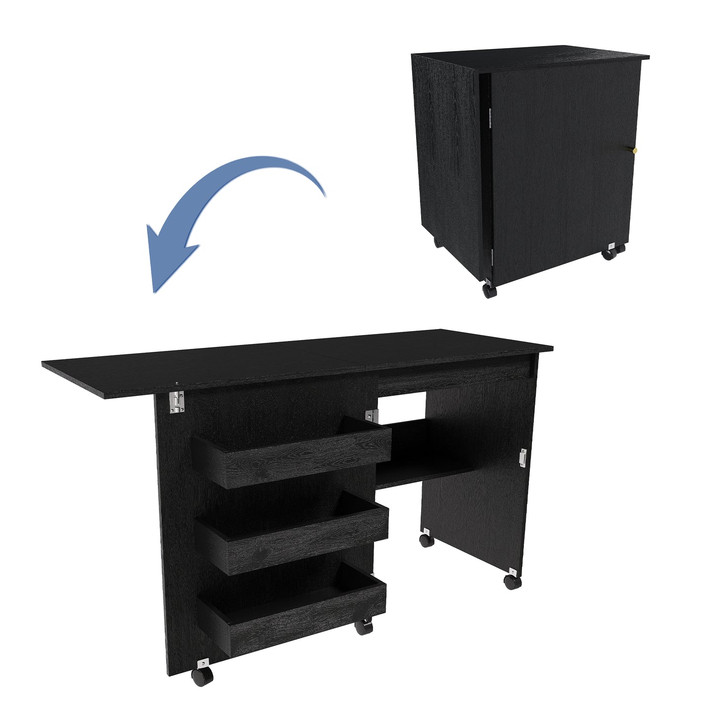 Black 45.67'' 4-in-1 Folding Sewing Table with Lockable Wheels – Multi-Functional Craft Station, End Table, Computer Desk & Kitchen Storage with Shelves, Rolling Sewing Machine Table for Apartments image 8
