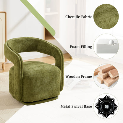 065-Chenille Fabric Swivel Accent Armchair, Comfy Barrel Leisure Chair With Curved Backrest, Upholstered Reading Chair With Black Swivel Base, 22-inch large seat depth and width, Green image 4