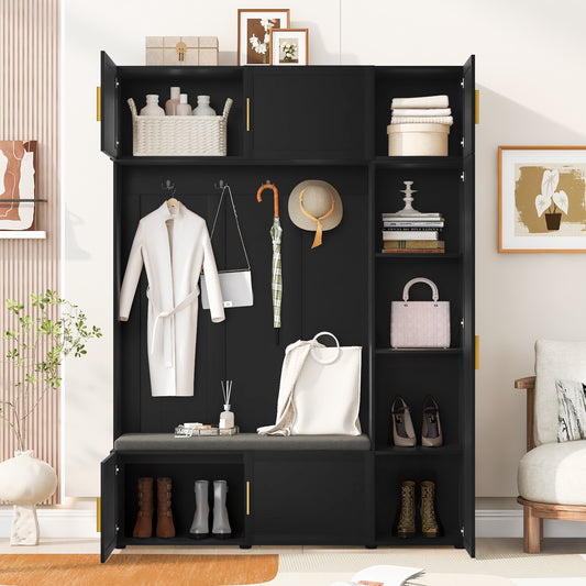 U-Can American Style 4-in-1 Hall Tree with Padded Bench, 4 Hooks, and Multi-Tier Storage Shelves image 1