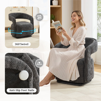 065-Chenille Fabric Swivel Accent Armchair, Comfy Barrel Leisure Chair With Curved Backrest, Upholstered Reading Chair With Black Swivel Base, 22-inch large seat depth and width, Dark Gray image 6