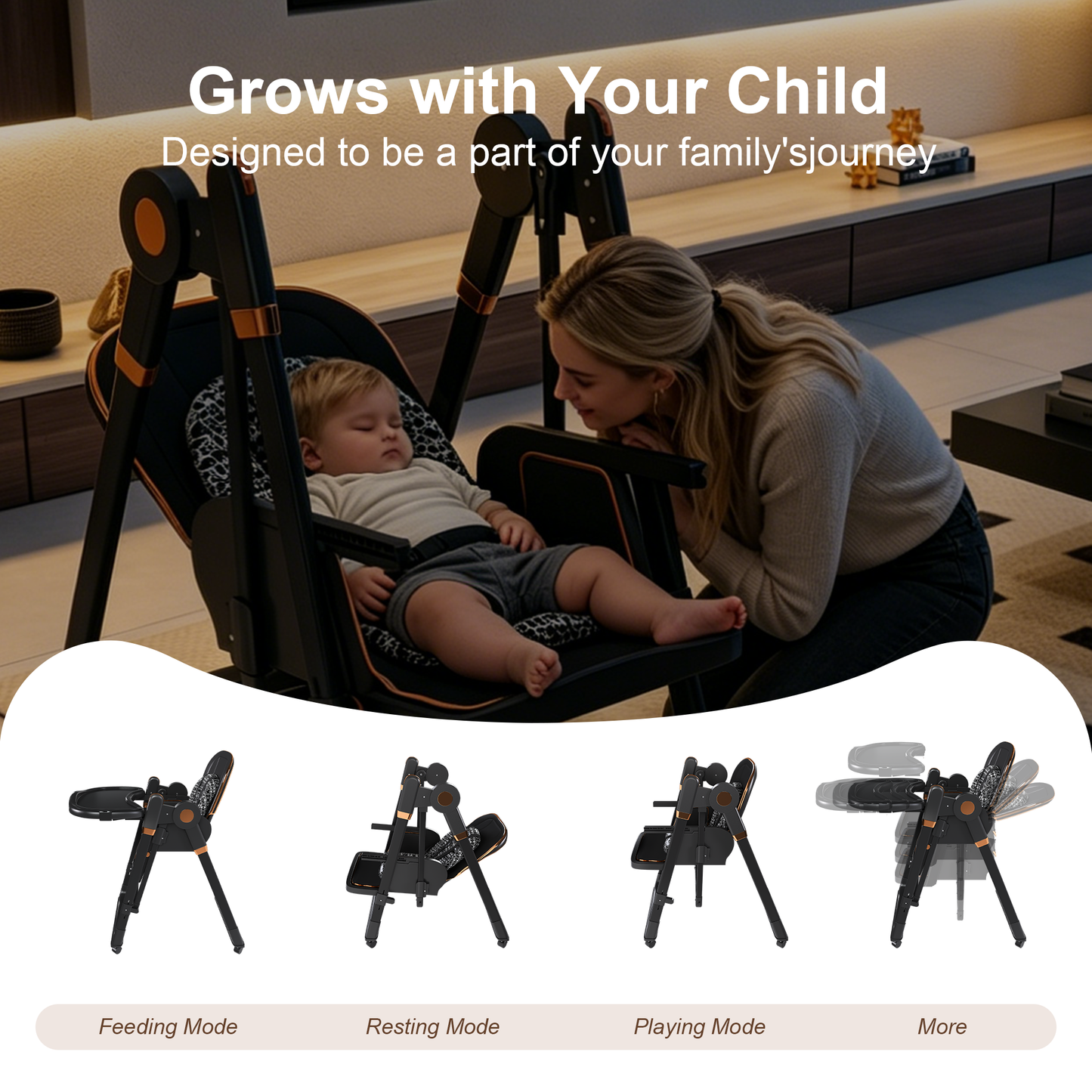 Convertible Baby High Chair to Rocker with 5-Point Harness, Foldable Infant Feeding Chair with Silent Locking Wheels & Removable 2-Tier Easy-Clean Tray for 6M-3Yrs(Black) image 4