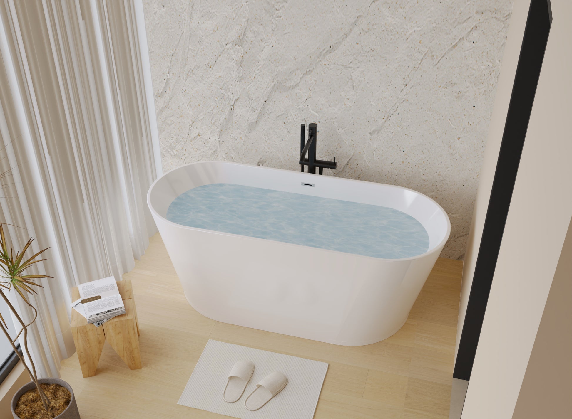 59" Acrylic Freestanding Bathtub, Stand Alone Soaking Tub, Glossy White Acrylic, Toe-tap Chrome Drain, cUPC Certified image 12