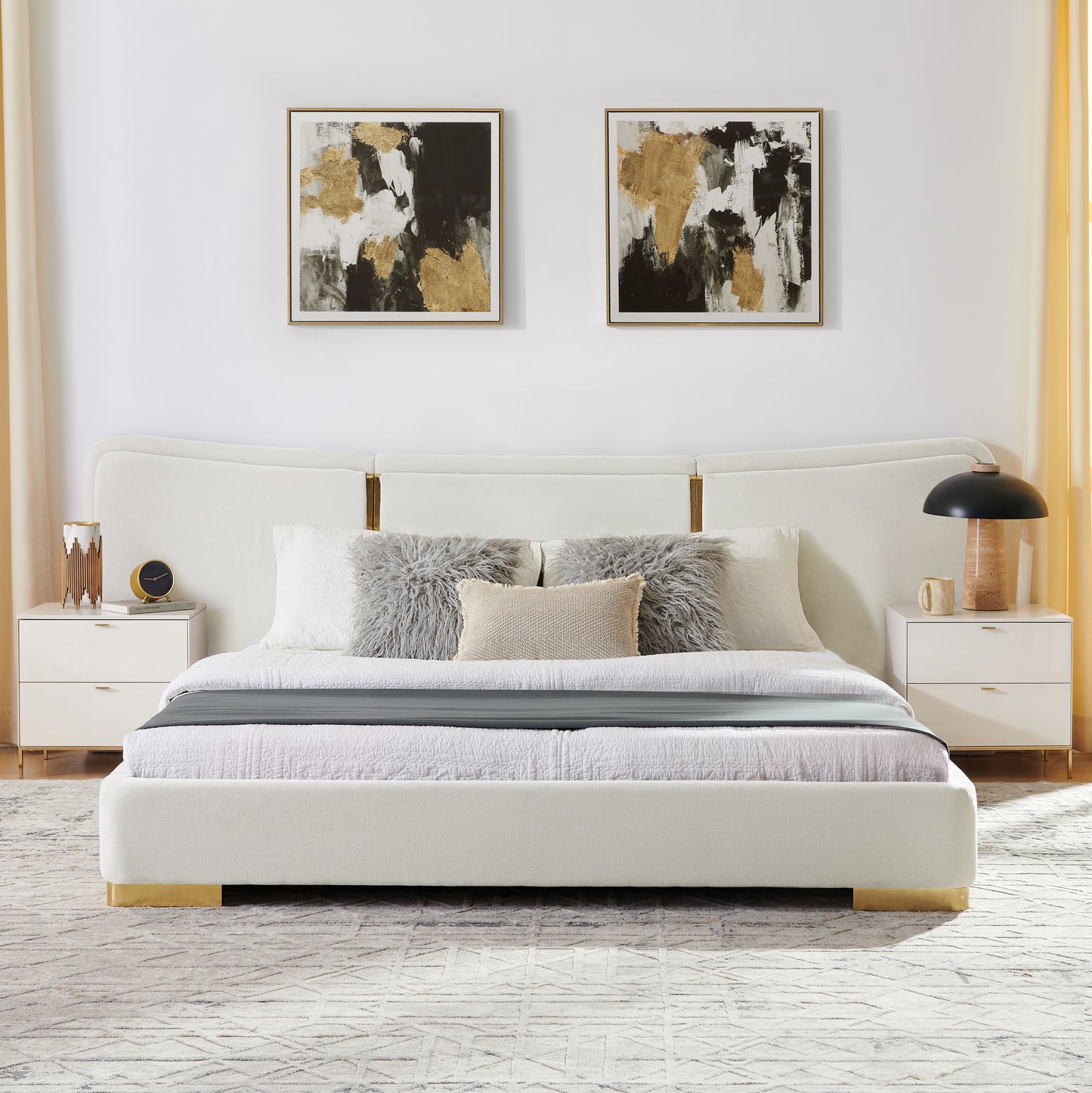 Queen Size Extra Large Platform Bed, Soft Chenille Fabric Frame, Curved Headboard, Reinforced Electroplated Metal Legs, Flexible DIY Side Space Design-Beige image 3