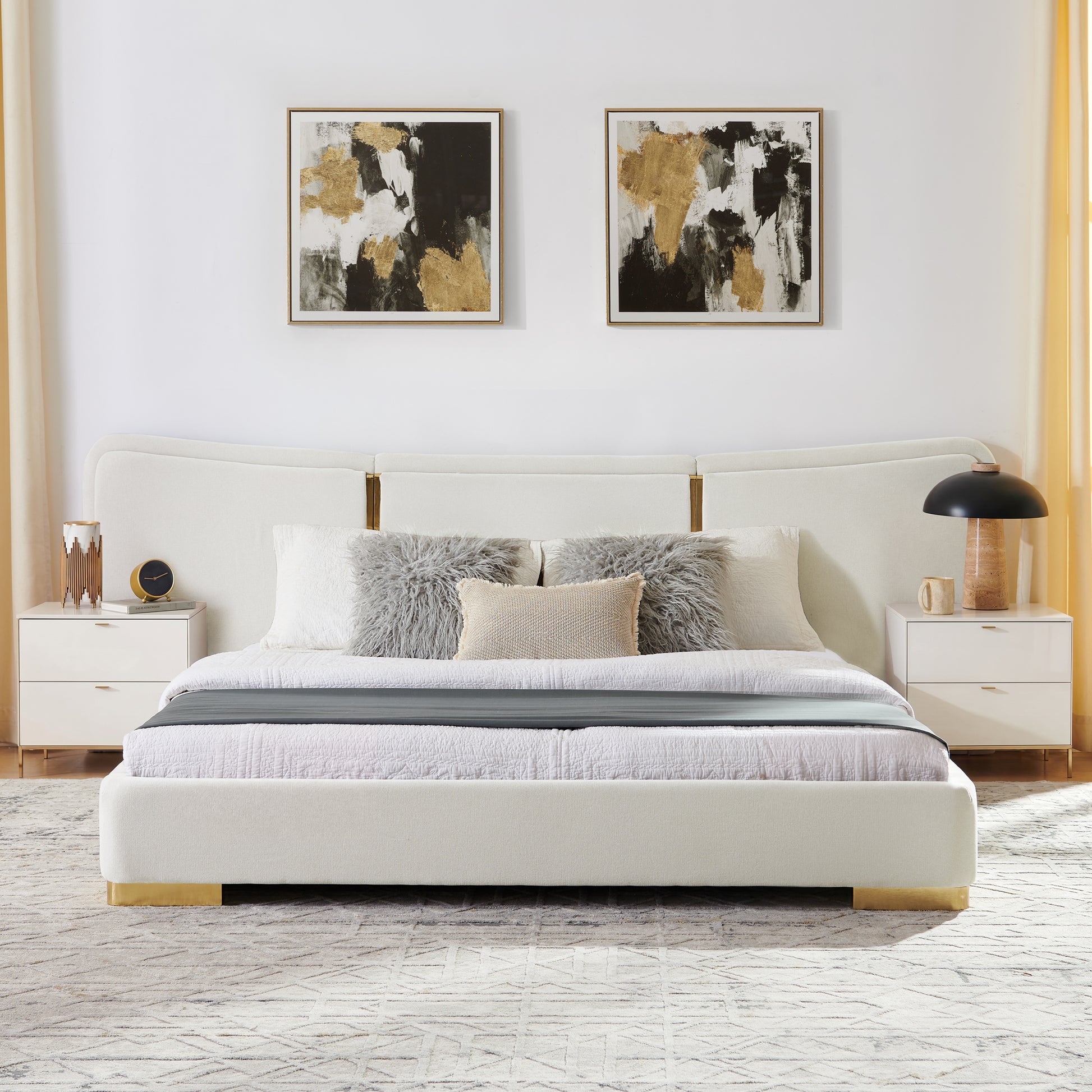 Queen Size Extra Large Platform Bed, Soft Chenille Fabric Frame, Curved Headboard, Reinforced Electroplated Metal Legs, Flexible DIY Side Space Design-Beige image 3